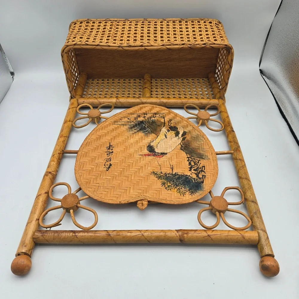 Vintage Bamboo Rattan Wall Mail Organizer Shelf Hand Painted Bird Boho 18